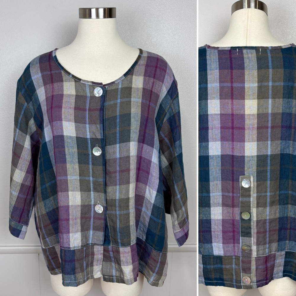 Ellamoda Linen Plaid Tunic Size M  Made In Italy Button Front‎ Lagenlook Purple